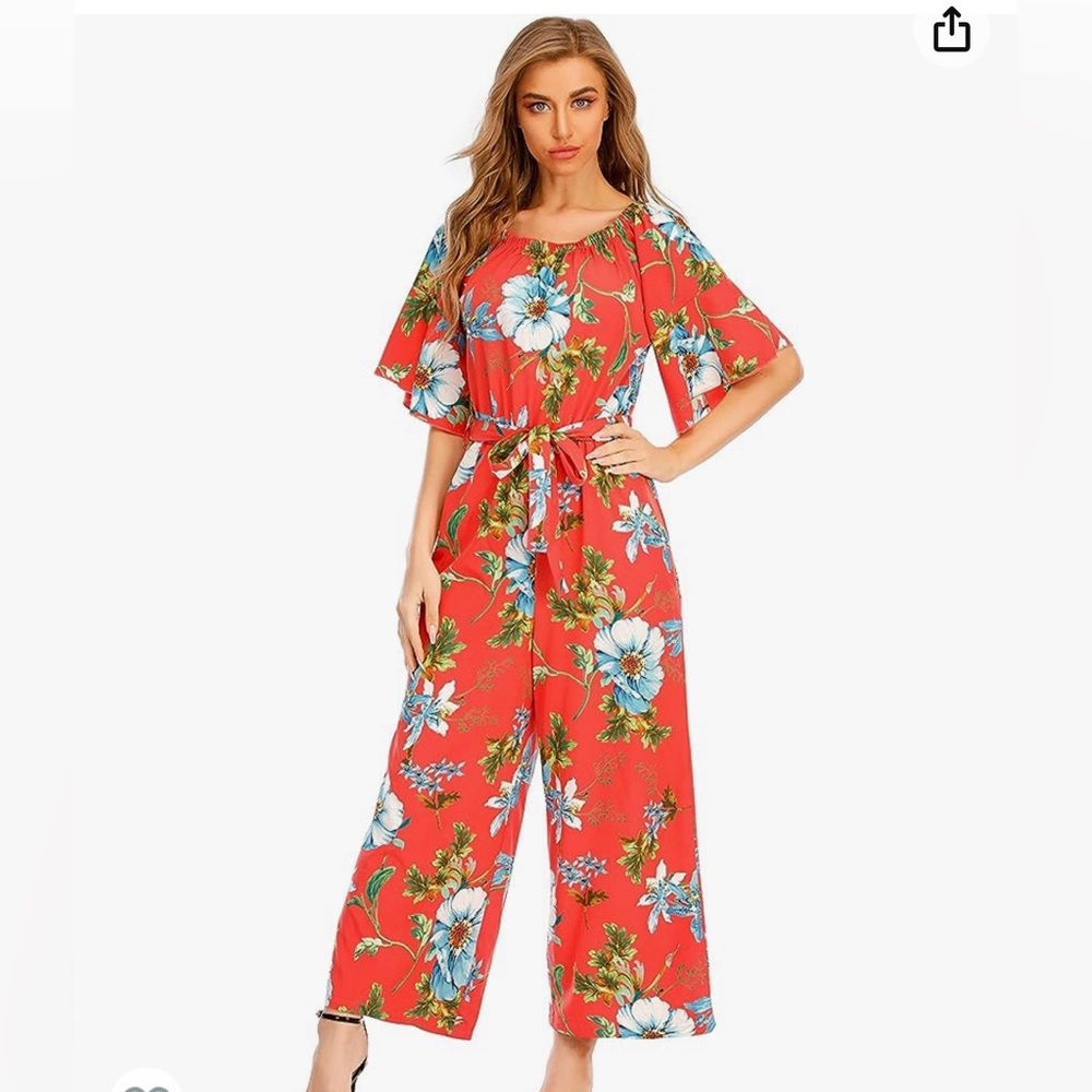 Summer Floral Off Shoulder ruffled High Waist Wide Leg Pants Casual Jumpsuit